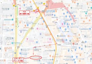 なんば駅から徒歩でエディオンアリーナ大阪(大阪府立体育会館)へのアクセス(行き方)地図